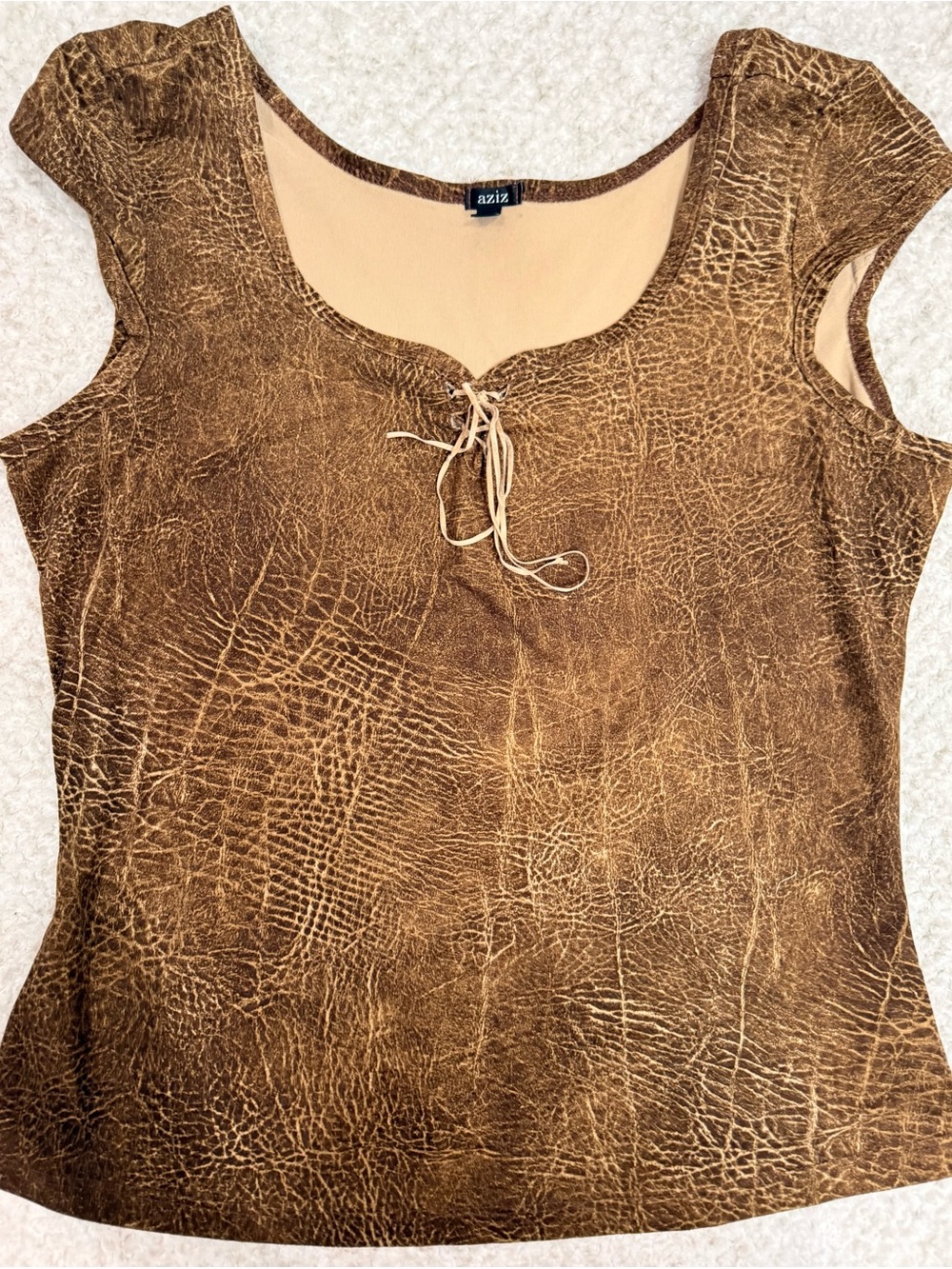 Aziz Brown Textured Lace-Up Scoop Neck Camisole
